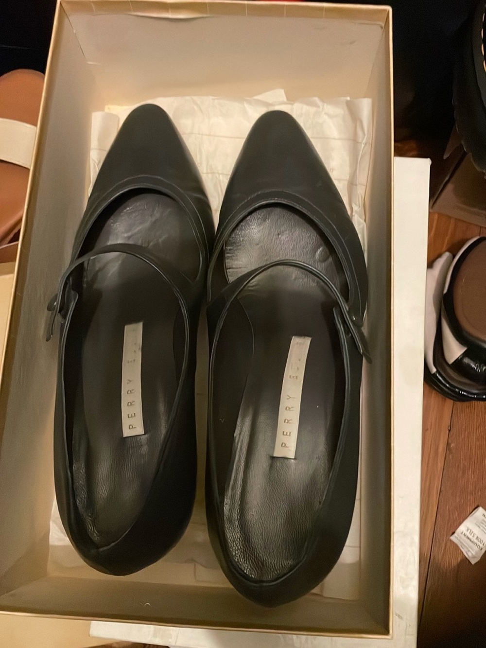 Perry Ellis Black Pointed Mary Jane Flats with Strap